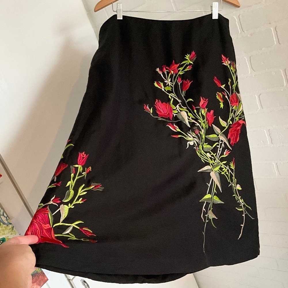 Y2K Embroidered Linen Blend Midi Skirt Romantic Statement Lined Floral Roses 16 - Picture 2 of 11